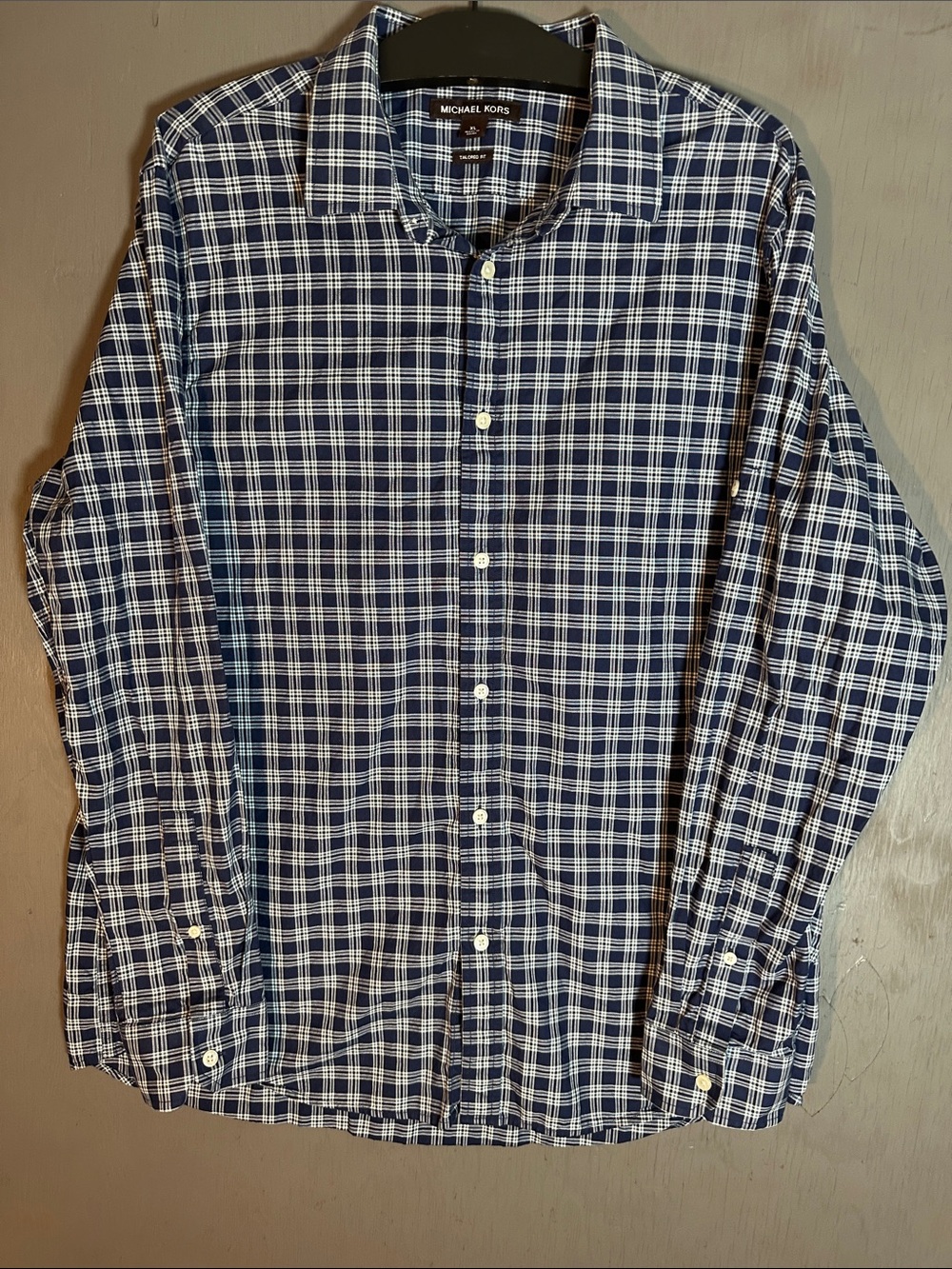 Michael Kors Navy & White Plaid Long-Sleeve Dress Shirt